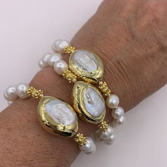Bracelet, NWOT, real round pearls, real Keshi baroque pearls, 18 K gold - Picture 1 of 16